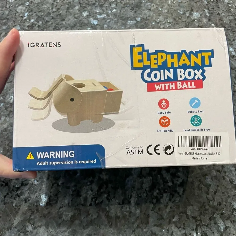 Montessori Elephant Coin Box with Ball by iGRATENS | Wooden Toy for Baby 6M+